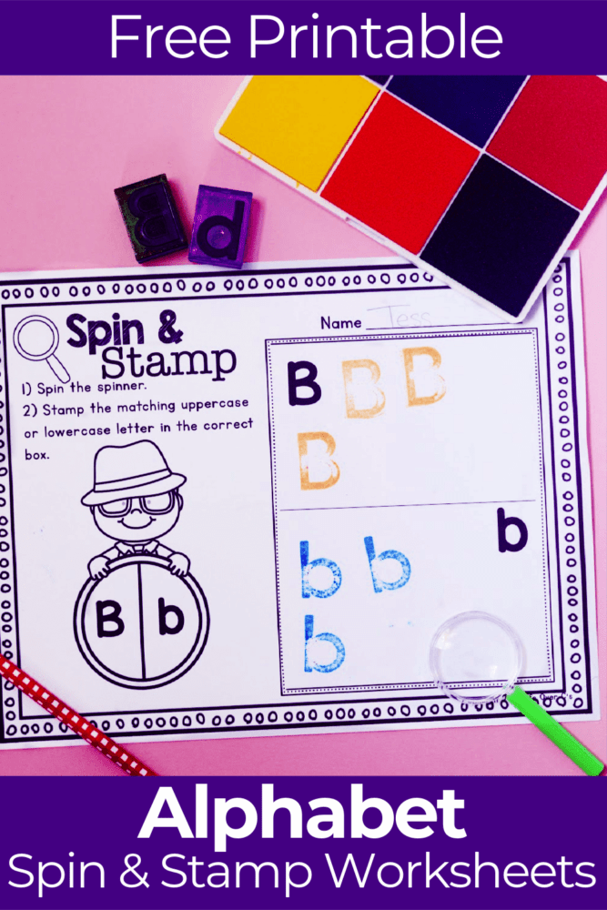 alphabet spin and stamp worksheet detective theme showing letter b printable with stamps and ink pad