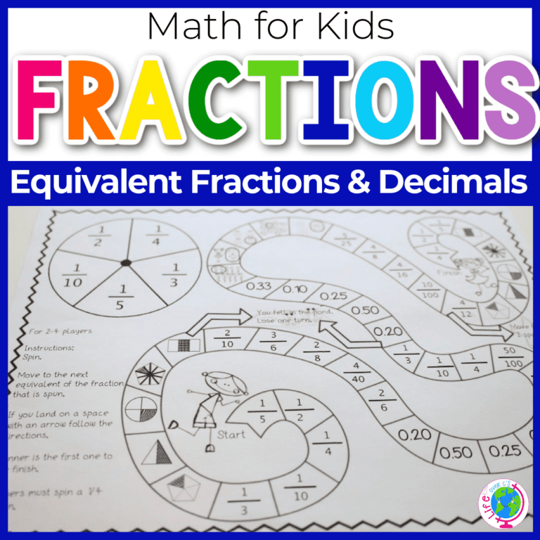 equivalent fractions board game and worksheets for math activities