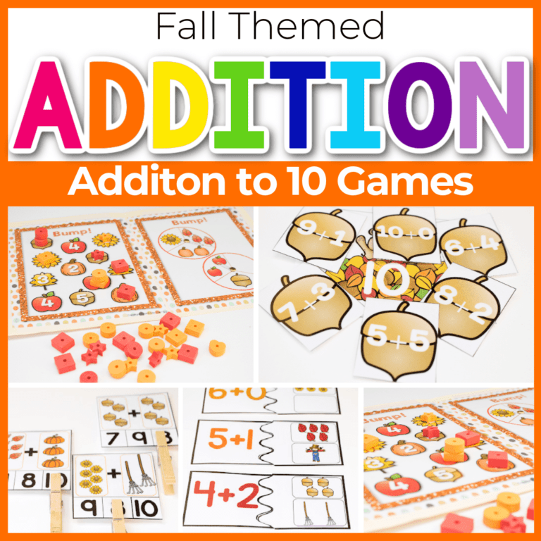 fall addition printable activities for kindergarten addition to ten fall math centers