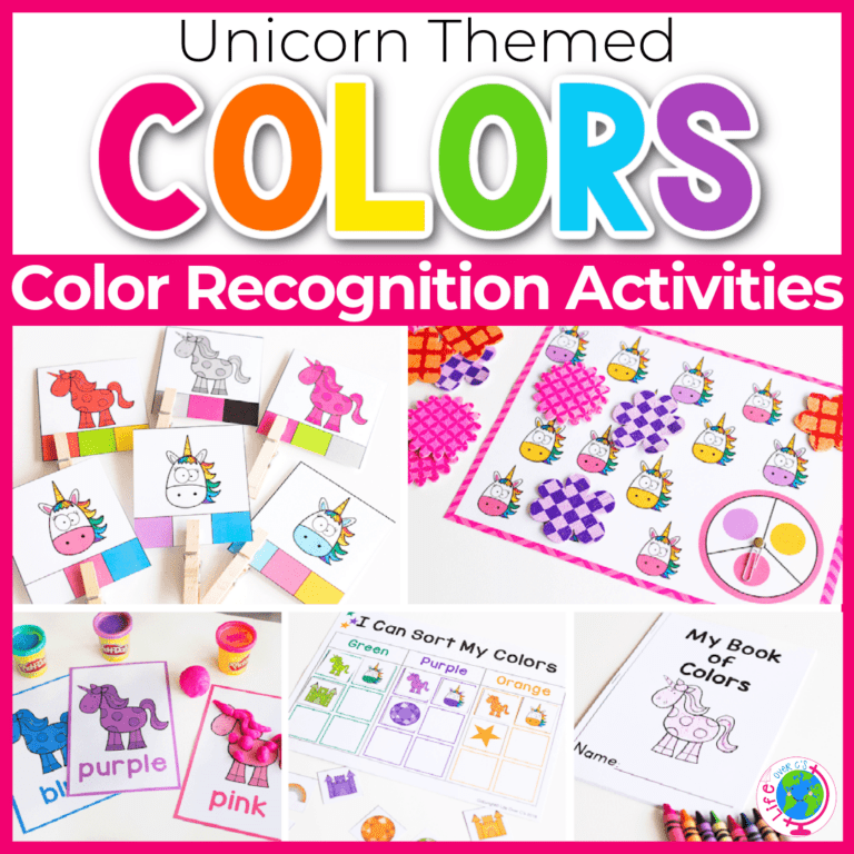 unicorn color recognition activities color clip cards, color matching spinner game, color play dough mats, color sorting mat and 'my book of colors' mini book for preschool