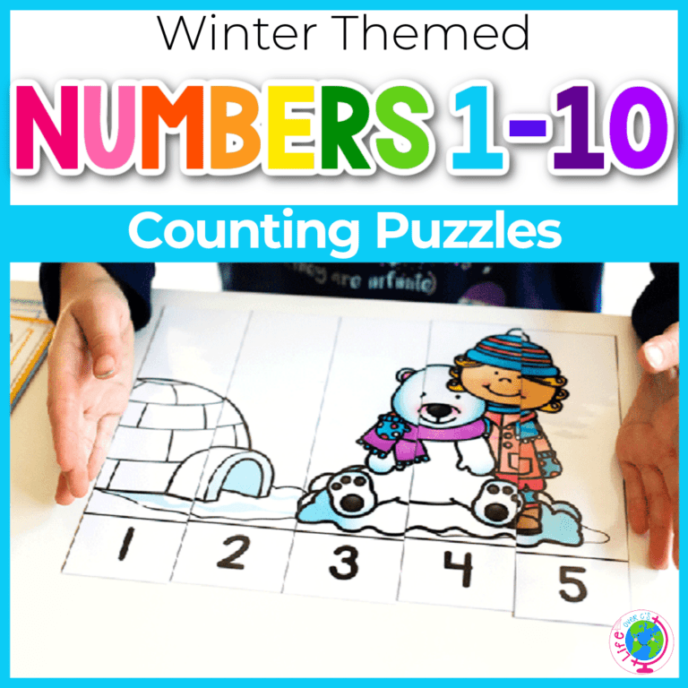 winter themed counting puzzles for counting to 5 with preschoolers and counting to 10 image shows girls and polar bear next to an igloo.