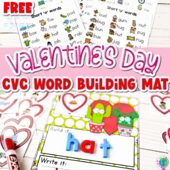 free valentine's day cvc word building mat with catci in heart decorated pots. picture of cvc word in a heart and alphabet magnets spelling the word 'hat'