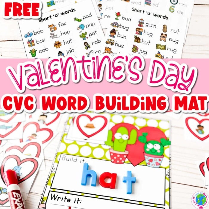 free valentine's day cvc word building mat with catci in heart decorated pots. picture of cvc word in a heart and alphabet magnets spelling the word 'hat'