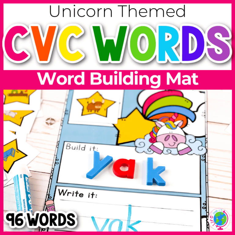 rainbow unicorn cvc word building mats