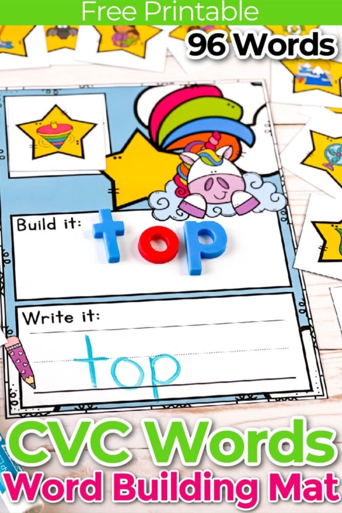 rainbow unicorn cvc word building mats