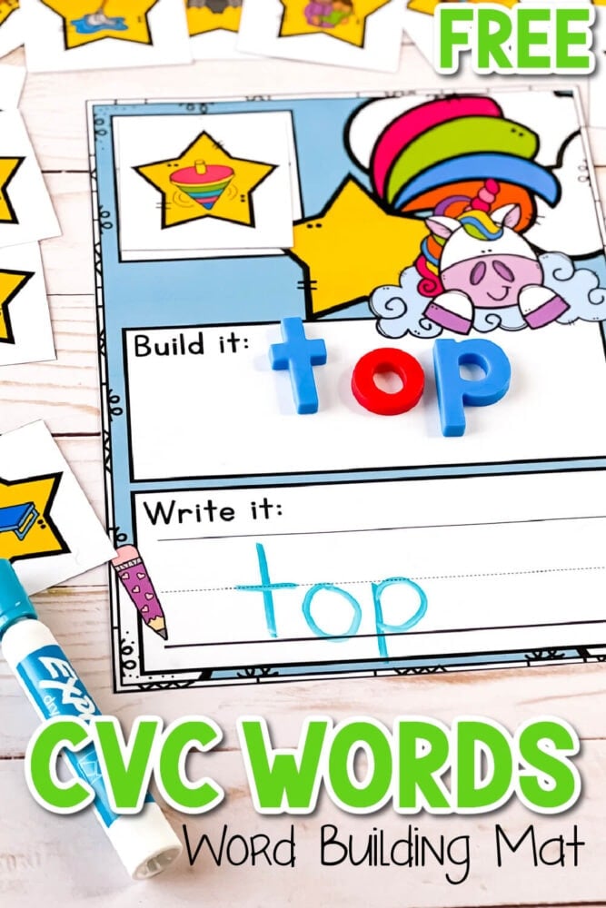 rainbow unicorn cvc word building mats