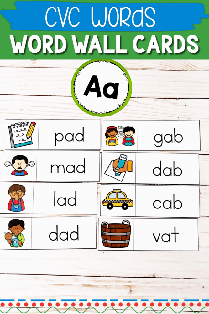 CVC Word Wall Cards for Kindergarten Literacy Centers 6 cvc word wall cards with middle vowel short a: pad, mad, lad, dad, gab, dad, cab, vat