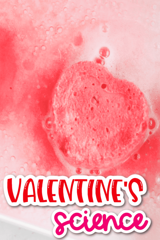 vertical image with pink heart baking soda and vinegar science experiment for kids text overlay [valentine's science]