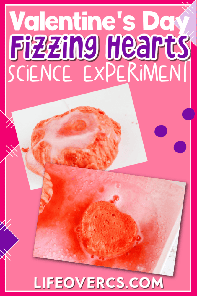 vertical image with two photos of a heart shaped baking soda and vinegar science experiment text says [valentine's day fizzing hearts science experiment]