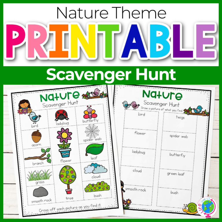 two versions of a nature scavenger hunt for kids: scavenger hunt with pictures and scavenger hunt with words.