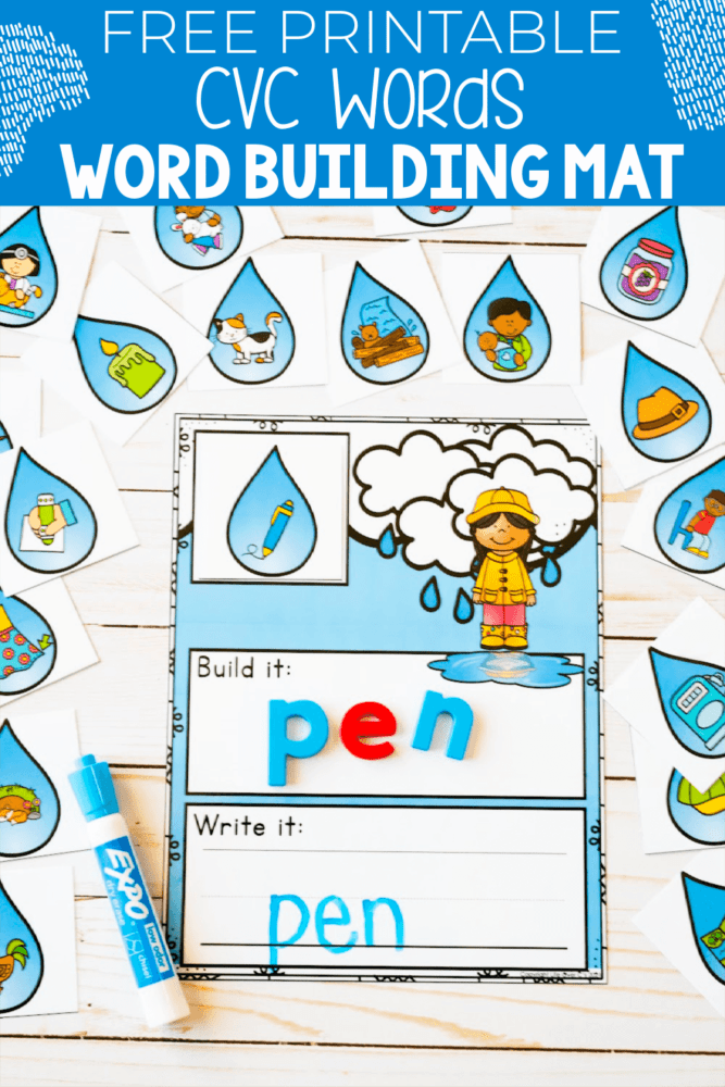 overhead view of a rain cloud cvc word building mat for kids.