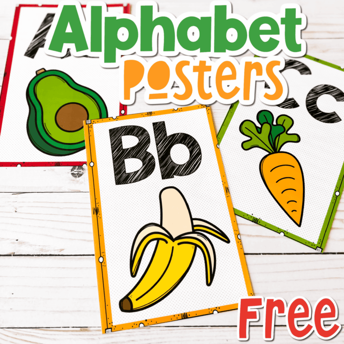 8.5x11 alphabet posters with a food theme a is for avocado, b is for banana, c is for carrot uppercase and lowercase letters text overlay says [alphabet posters free]