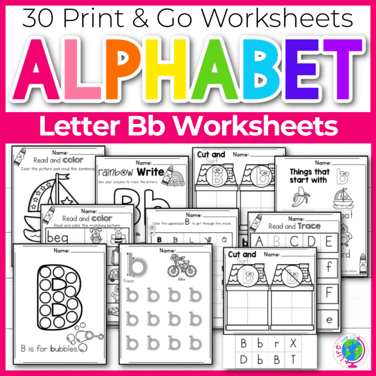 pages from the letter b alphabet worksheets set.