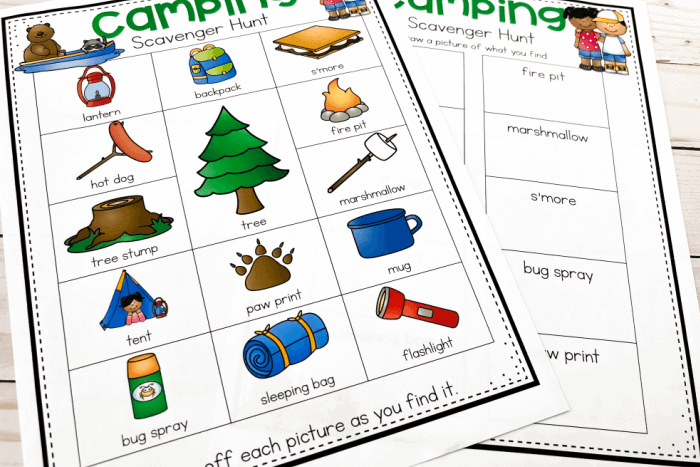 the camping scavenger hunt has two pages. one page has labeled pictures, and the other page has labels and space for children to draw their own pictures.