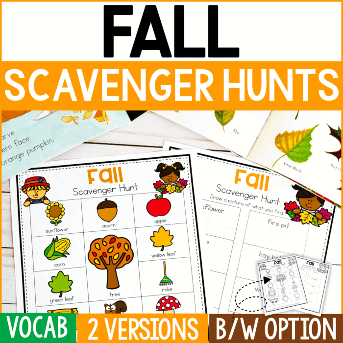 free printable fall scavenger hunt for kids with fall items pictured