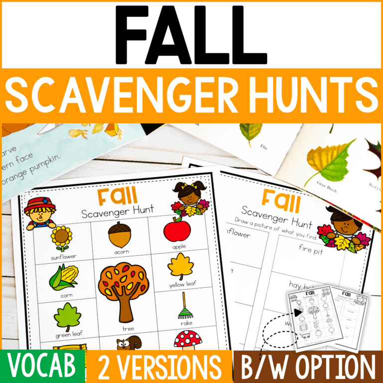 free printable fall scavenger hunt for kids with fall items pictured