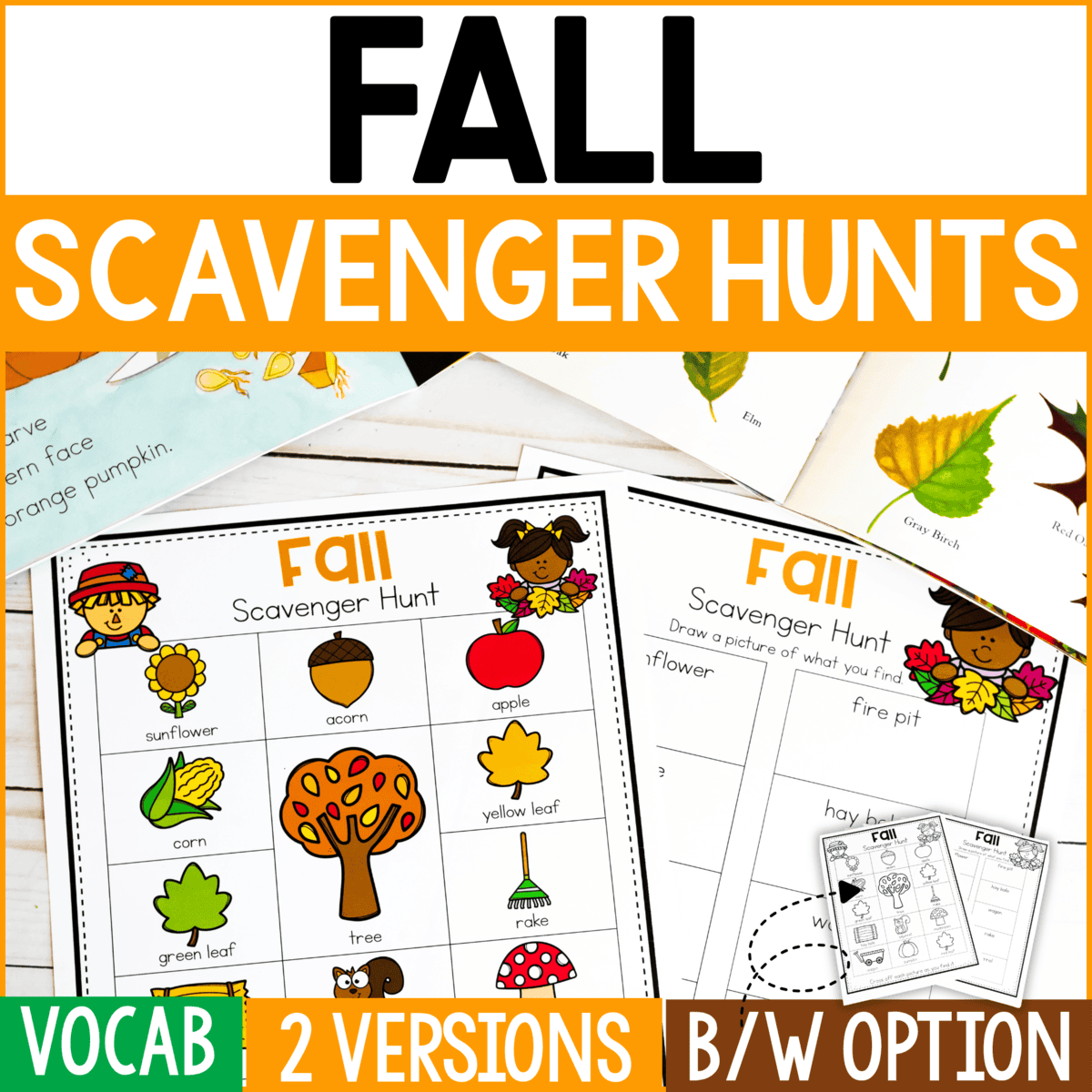 free printable fall scavenger hunt for kids with fall items pictured