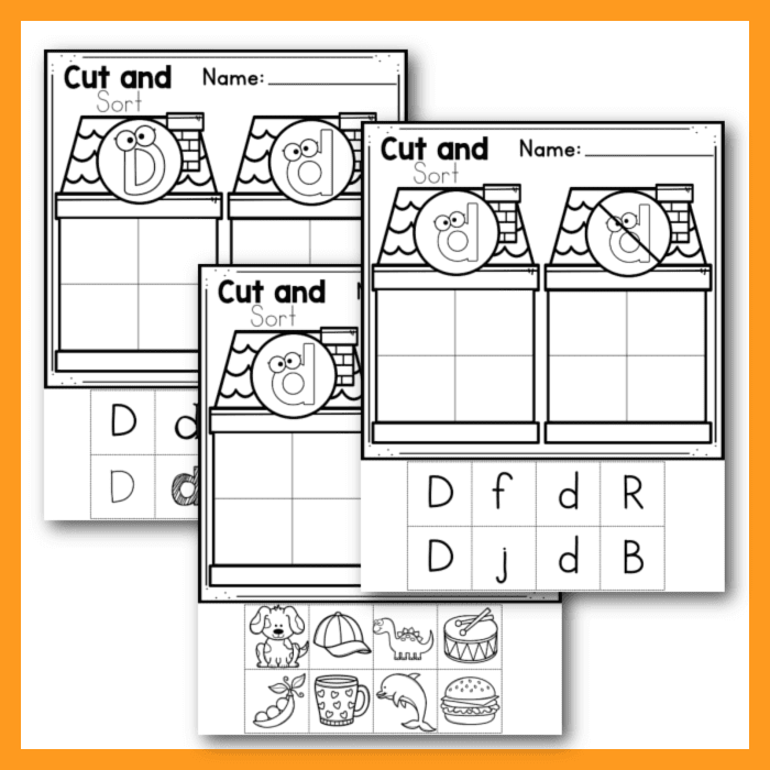 letter d sorting worksheets for kindergarten. sort uppercase and lowercase letters, d/not d, and words with that with d