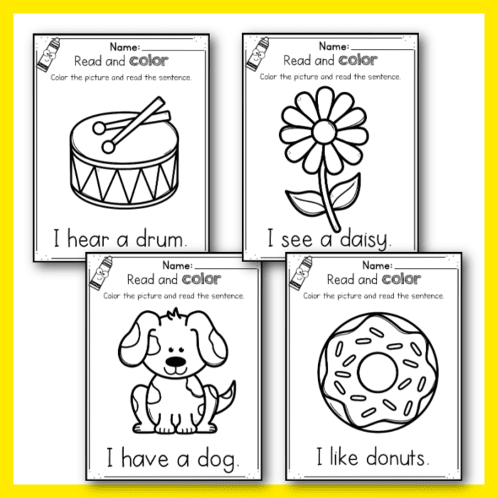 simple sentences for letter d words: i hear a drum. i see a daisy. i have a dog. i like donuts.