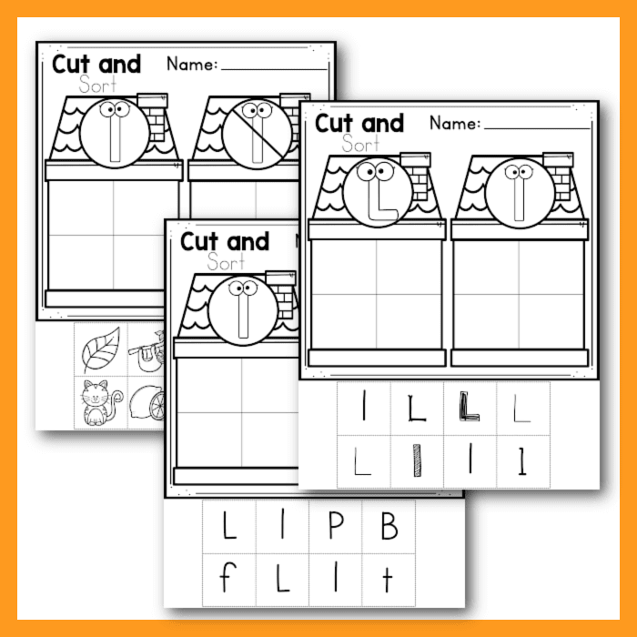 free printable alphabet sorting pages: uppercase/lowercase, l/not l, beginning sounds picture sort