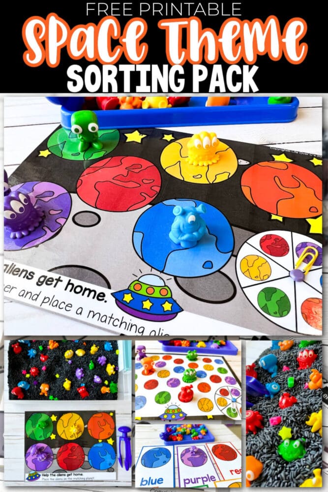 sorting activities for preschoolers with a fun outer space theme.