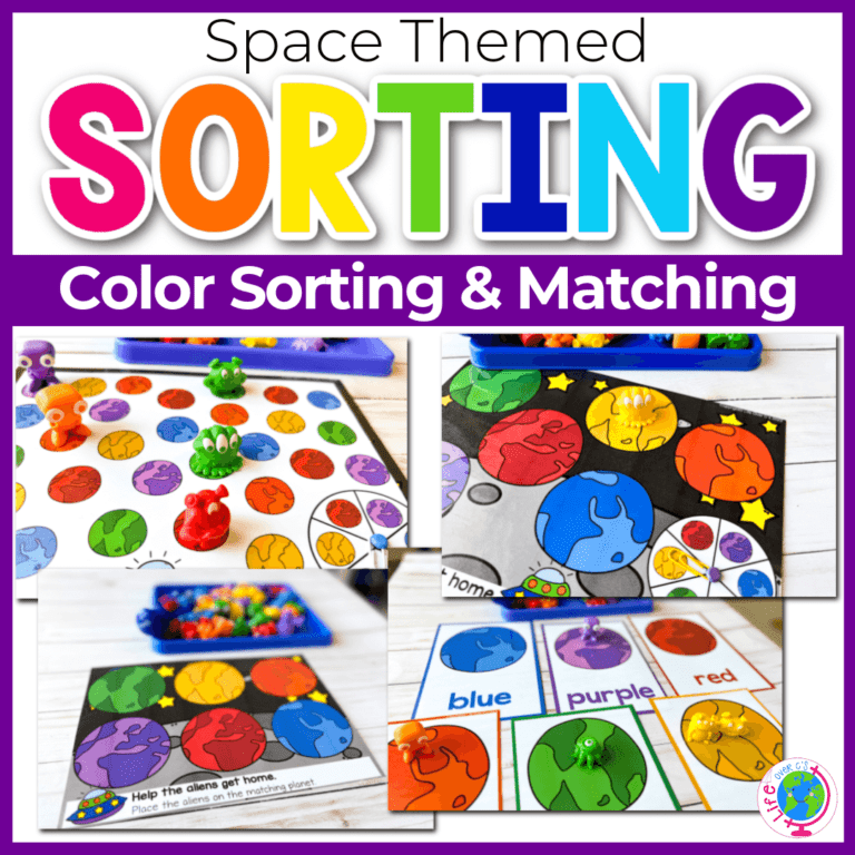 outer space theme matching activities and color sorting activities for preschoolers.