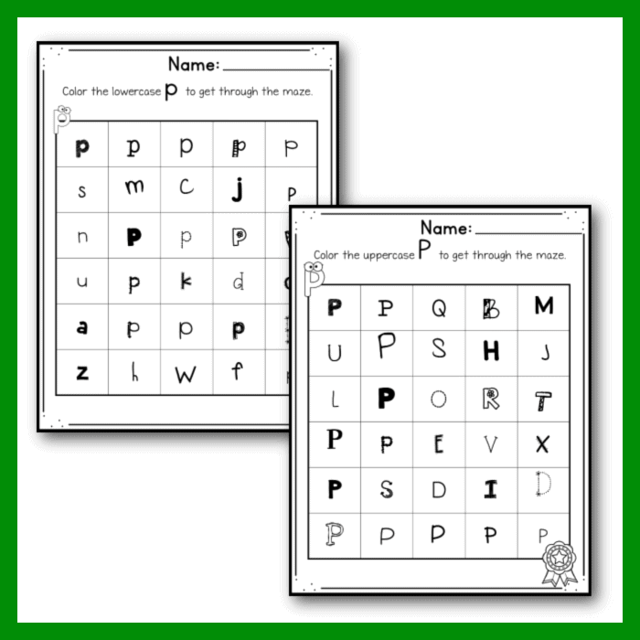 free printable letter p alphabet maze worksheets