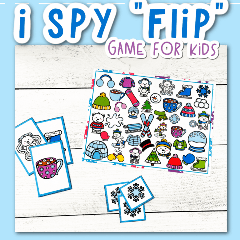 image of an i spy 'flip' game board with a winter theme and playing cards featuring winter images.