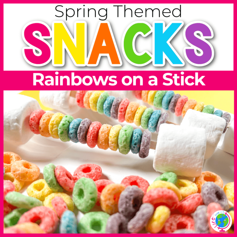 text says: spring themed snacks rainbows on a stick. image shows: three skewers with rainbow loop cereal and marshmallows at both ends