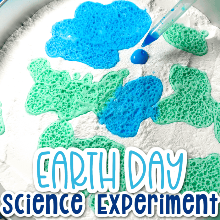 earth day baking soda and vinegar science experiment for kids with blue and green dyed vinegar