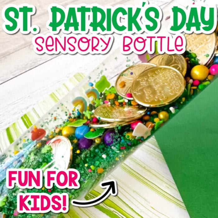 st. patrick's day themed sensory bottle filled with green sprinkles, rainbow sprinkles and gold coins
