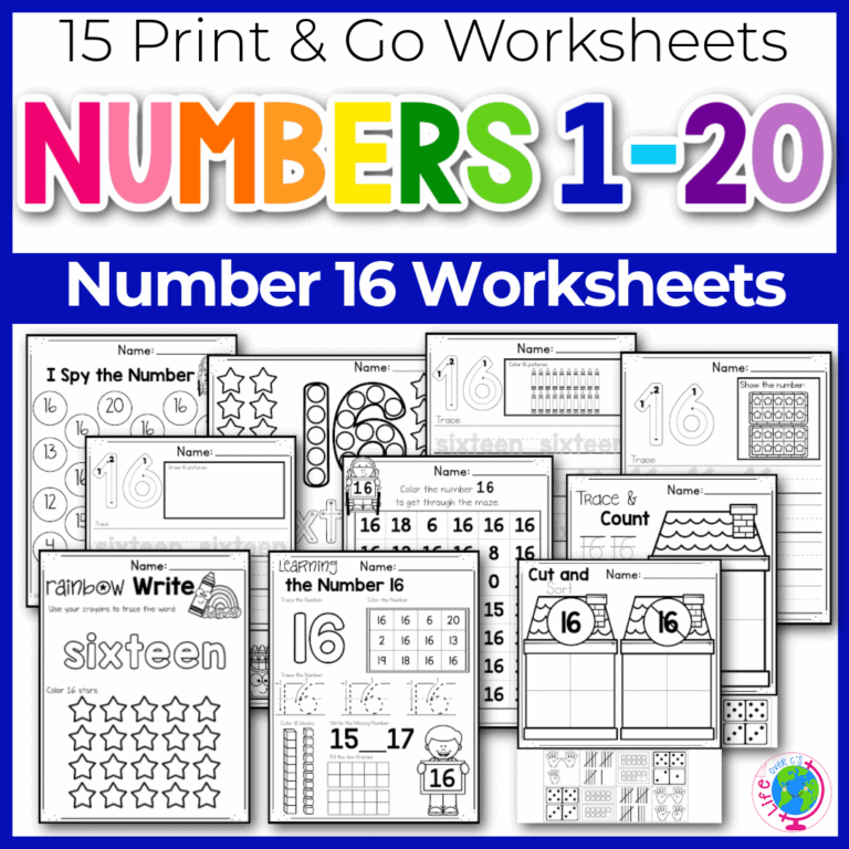 learn about the number 16 with the print and go number recognition worksheets.
