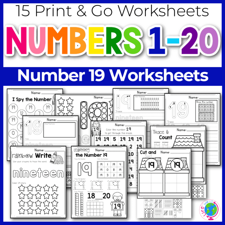 number 19 worksheets for number tracing and recognition.
