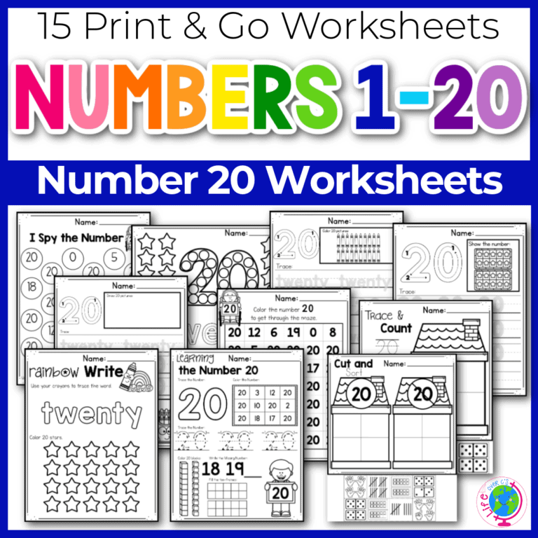 free printable number 20 worksheets for practicing number recognition, tracing, and writing.