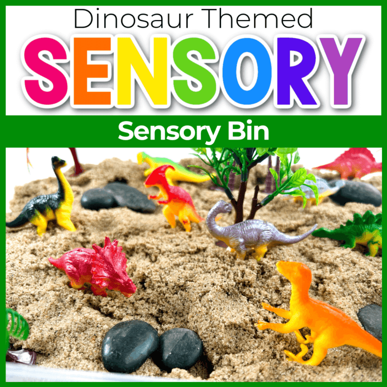 preschool sensory bin with a fun dinosaur theme.