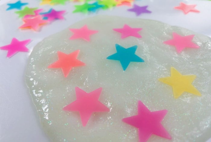 add glow in the dark stars to the easy slime recipe for kids.