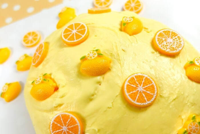 completed lemon cloud dough for children to play with.