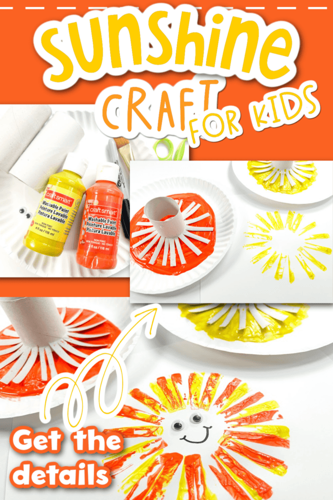 photo collage showing how to made a sunshine painting using toilet paper rolls and paint.