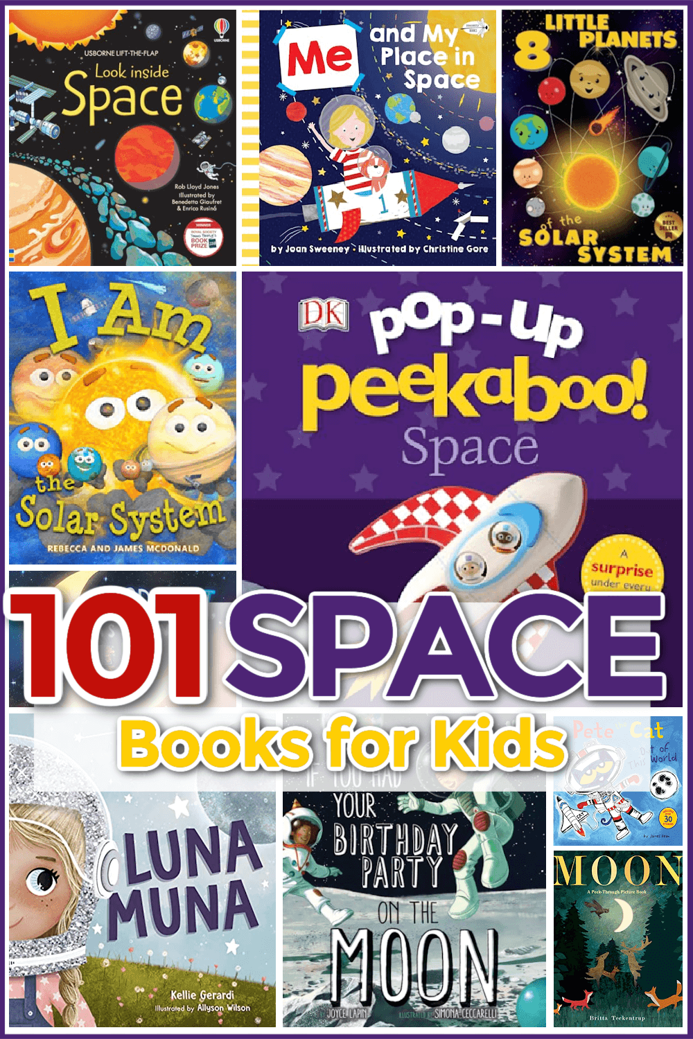 text overlay 101 space books for kids with covers of nine space themed books showing on image
