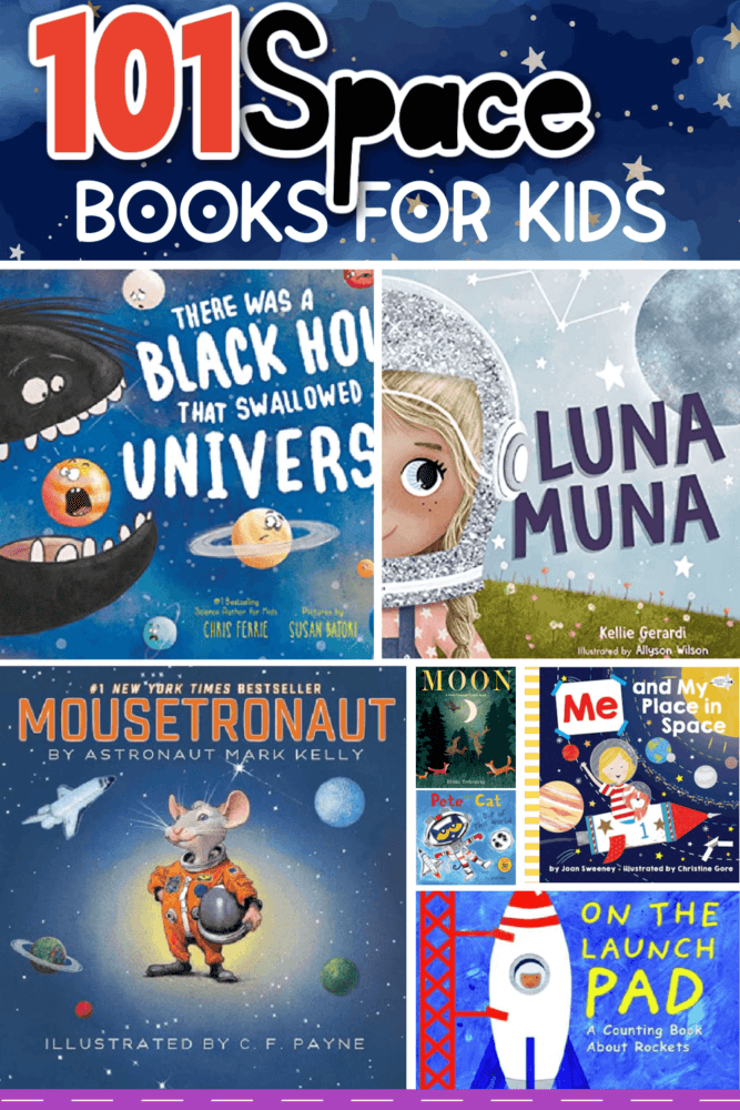 text overlay 101 space books for kids with covers of nine space themed books showing on image