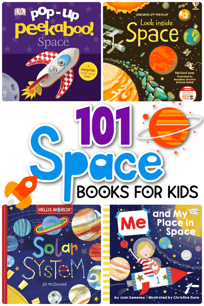 text overlay 101 space books for kids with covers of nine space themed books showing on image