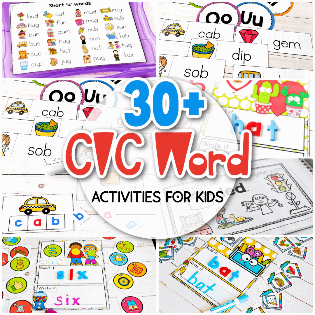 collage of 8 cvc word activities for kindergarten literacy centers and small groups text overlay says 30+ cvc word activities for kids