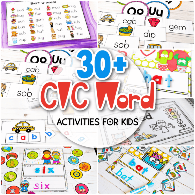 collage of 8 cvc word activities for kindergarten literacy centers and small groups text overlay says 30+ cvc word activities for kids