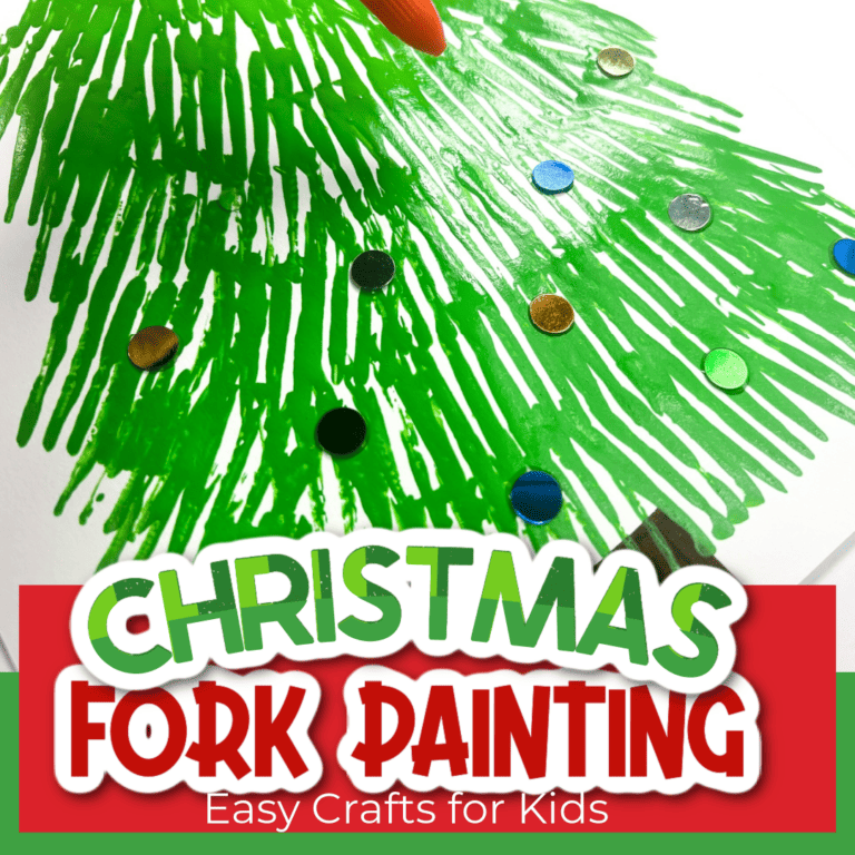 christmas tree painted with forks on a white sheet of paper text says 'christmas fork painting easy crafts for kids'
