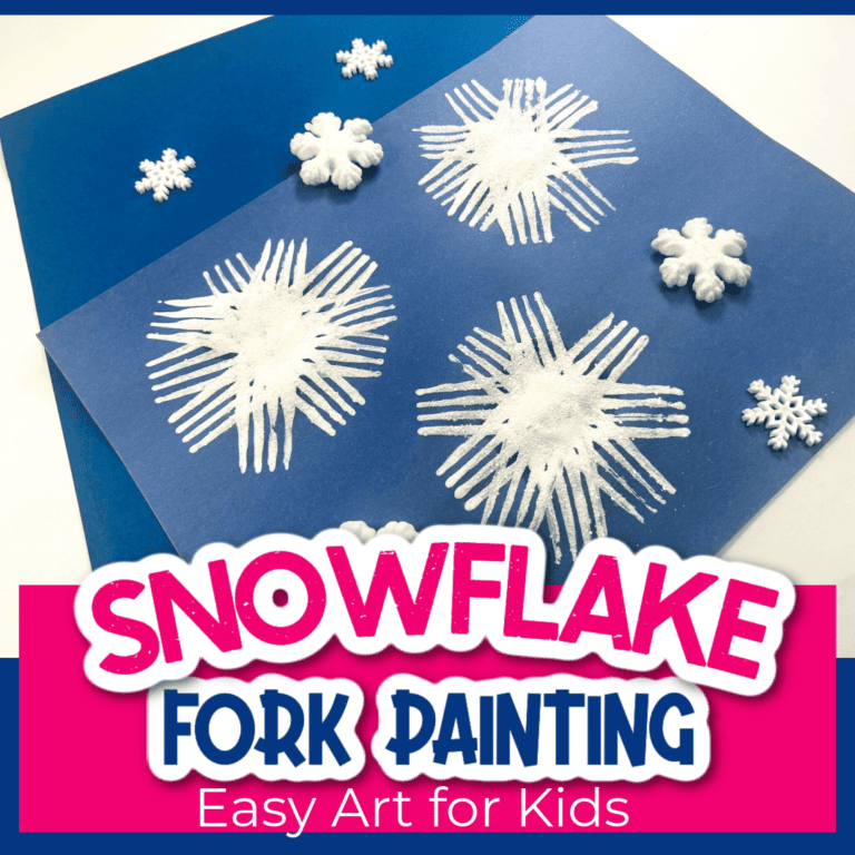 make snowflake art using a plastic fork and white paint.