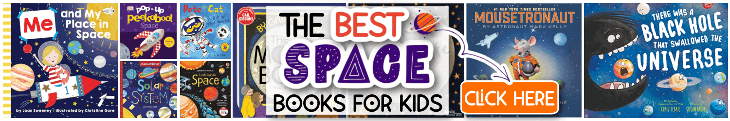 collage of space theme children's books text overlay says the best space books for kids click here