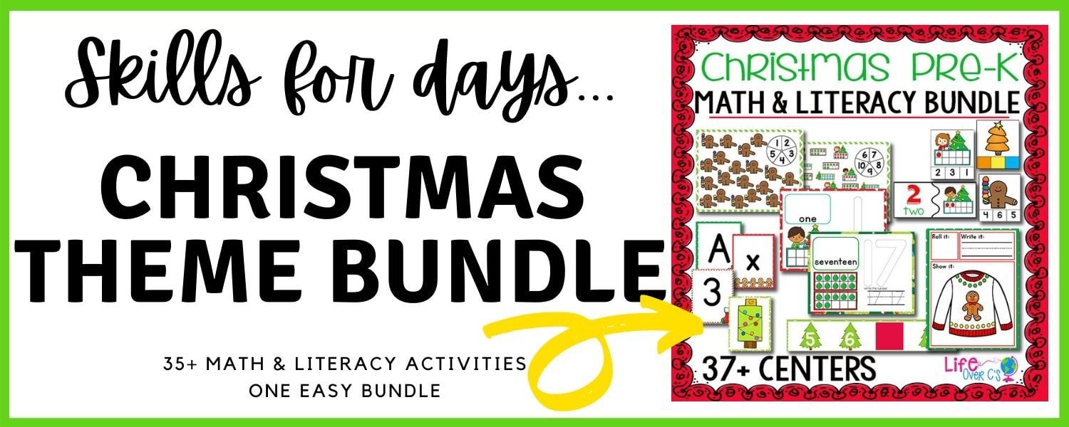 text says [skills for days christmas theme bundle 35+ math and literacy activities one easy bundle