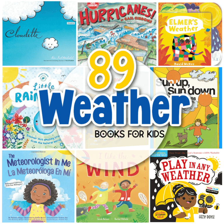 collage of weather themed books with text overlay that says 89 weather books for kids