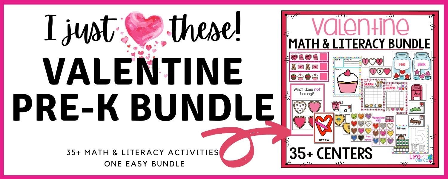 i just [heart] these! valentine pre-k bundle 35+ pre-k math and literacy activities one easy bundle with arrow pointing to a collage image of the valentine's day activities.
