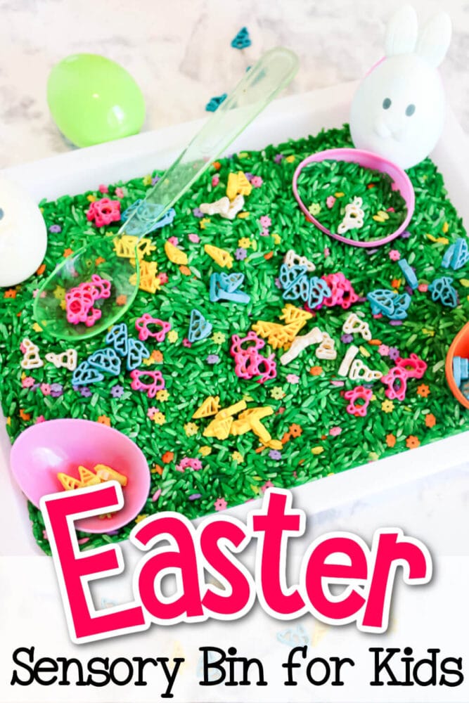 overhead shot of an easter sensory bin including bunny pasta, rice, and plastic easter eggs.